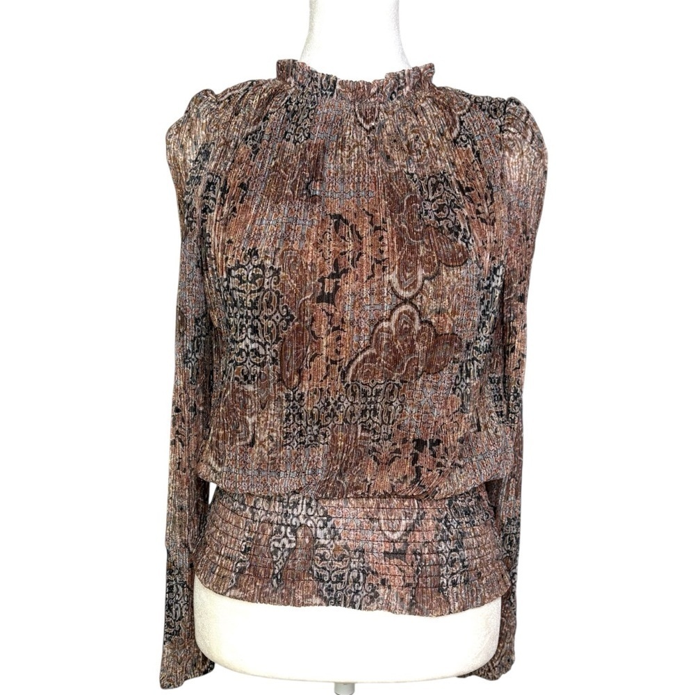 JOIE Semi Sheer Sheer Metallic Long-Sleeve Blouse Smocked Waist Ruffle Neck S